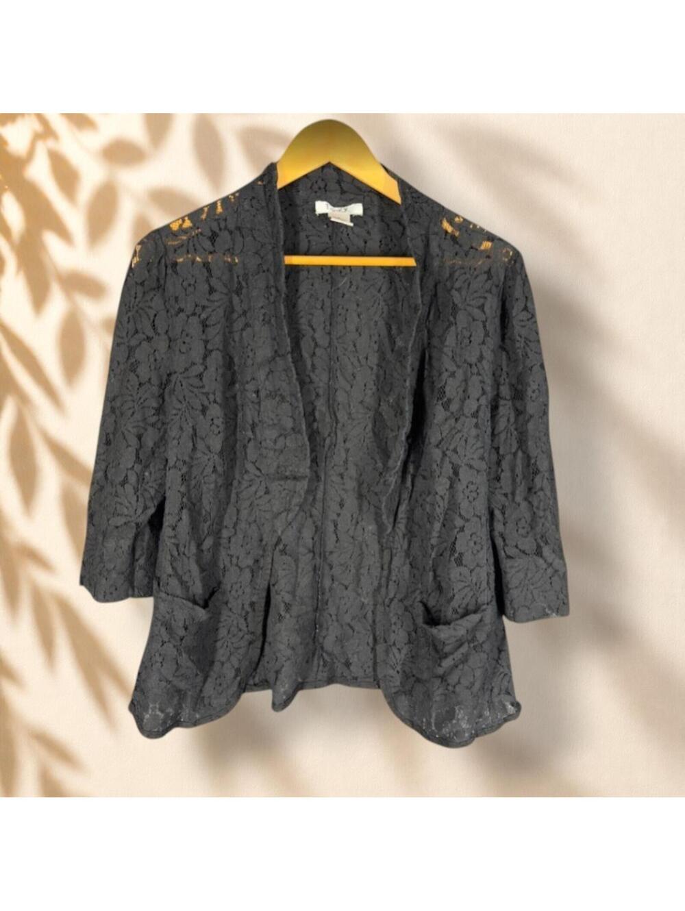 Pinky Top Women L Large Black Floral Open Front 3/4 Sleeve Pockets Crochet